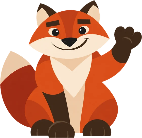 Fox, a round orange cartoon fox, waving